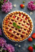 AI generated Spring Delight Overhead View of a Classic Strawberry Pie with Lattice Crust photo