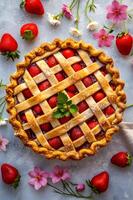 AI generated Spring Delight Overhead View of a Classic Strawberry Pie with Lattice Crust photo