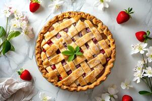 AI generated Luscious Duo A Spring Pie Delight - Overhead Shot of Strawberry and Rhubarb photo