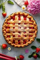 AI generated Luscious Duo A Spring Pie Delight - Overhead Shot of Strawberry and Rhubarb photo