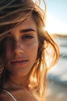 ai generado costero felicidad mujer floreciente por el playa en un En Vivo y naturaleza bandera foto