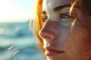 ai generado costero felicidad mujer floreciente por el playa en un En Vivo y naturaleza bandera foto