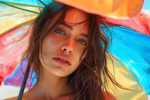 ai generado costero felicidad mujer floreciente por el playa en un En Vivo y naturaleza bandera foto