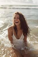 ai generado costero felicidad mujer floreciente por el playa en un En Vivo y naturaleza bandera foto