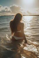 ai generado costero felicidad mujer floreciente por el playa en un En Vivo y naturaleza bandera foto