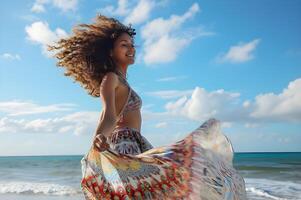 ai generado costero felicidad mujer floreciente por el playa en un En Vivo y naturaleza bandera foto