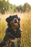 ai generado primavera meneo un hermosa bandera presentando un contento perro en naturaleza foto