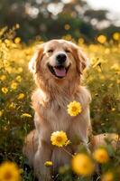 ai generado primavera meneo un hermosa bandera presentando un contento perro en naturaleza foto