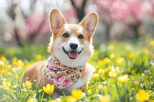 ai generado pétalo jugar hermosa primavera bandera capturar el alegría de un contento perro foto