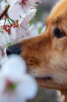 ai generado pétalo jugar hermosa primavera bandera capturar el alegría de un contento perro foto