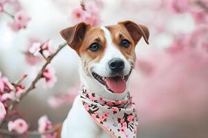 ai generado pétalo jugar hermosa primavera bandera capturar el alegría de un contento perro foto