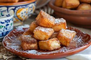 ai generado crujiente elegancia leche frita, Español frito Leche perfección foto