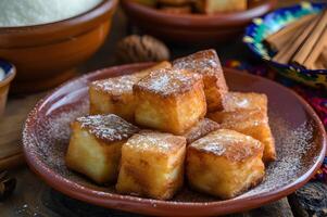 ai generado crujiente elegancia leche frita, Español frito Leche perfección foto