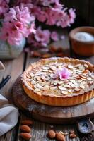 AI generated Almond Elegance Tarta de Almendra in a Spanish Folk Setting photo