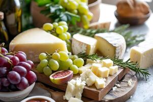 ai generado queso elegancia Español tablero con artesano delicias y uvas foto