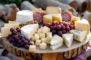 AI generated Cheese Elegance Spanish Board with Artisan Delights and Grapes photo