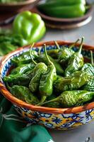 ai generado Estallar de sabor ampollado verde pimientos en un tapas fiesta foto