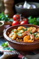 AI generated Sizzling Elegance Gambas al Ajillo in a Traditional Clay Pot photo