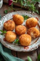 ai generado jamón croqueta deleite croquetas Delaware mermelada en un Clásico plato foto