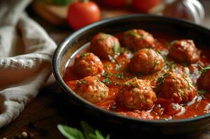 ai generado Mediterráneo magia albóndigas en tomate y vino salsa con gente elegancia foto