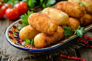 ai generado jamón croqueta deleite croquetas Delaware mermelada en un Clásico plato foto