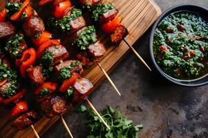 ai generado chorizo fiesta A la parrilla brochetas con gente instinto y chimichurri foto