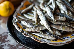 ai generado Mediterráneo sinfonía marinado blanco anchoas en un elegante bandeja foto