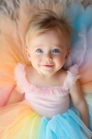 ai generado adorable niñito conjunto inspirado en el arcoiris delicado monería foto