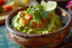 AI generated Rustic Elegance Guacamole Served in a Folk Ceramic Bowl photo