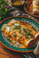 ai generado encantador enchiladas un fiesta en un gente cerámico plato foto