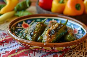 AI generated Authentic Chiles Rellenos Recipe on a Folk Ceramic Dish photo