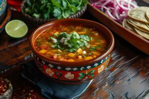 AI generated Pozole Perfection Traditional Mexican Bowl in Cookbook Style photo