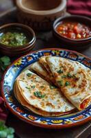 AI generated Cheesy Delight Quesadillas with Salsa on a Folk Ceramic Canvas photo