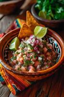 ai generado costero elegancia ceviche servido en un hecho a mano cerámica cuenco foto