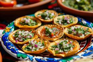 ai generado sopes sensación talavera plato presentación en libro de cocina estilo foto