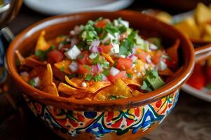 ai generado mexicano culinario Arte hecho a mano cerámico exhibiendo chilaquiles magia foto