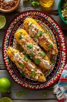 AI generated Street Corn Fiesta Elote on a Colorful Folk Ceramic Plate photo