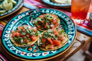 AI generated Tostada Fiesta Fresh Toppings on a Colorful Folk Ceramic Platter photo