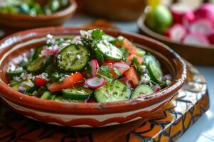 AI generated Prickly Pear Perfection Nopales Salad on Traditional Pottery Plate photo