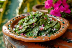 AI generated Prickly Pear Perfection Nopales Salad on Traditional Pottery Plate photo