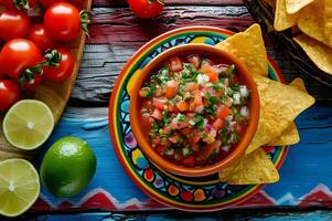 ai generado salsa sensación papas fritas y salsa en un vibrante gente cerámico plato foto