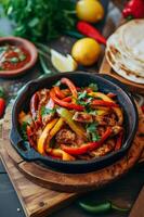 AI generated Flavorful Fajitas Rustic Pottery Skillet Presentation in Folk Ceramic Style photo