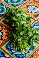 AI generated Vibrant Essence Fresh Mexican Ingredients with Folk Pattern Background photo