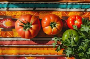 AI generated Vibrant Essence Fresh Mexican Ingredients with Folk Pattern Background photo