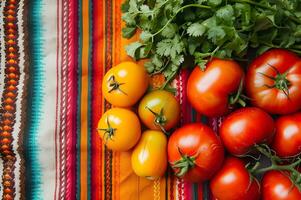 AI generated Vibrant Essence Fresh Mexican Ingredients with Folk Pattern Background photo