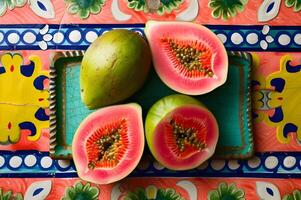 ai generado culinario fiesta negrita y Fresco sabores en un estampado folklórico paleta foto