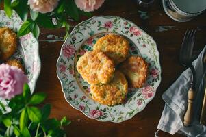 AI generated Southern Delight Fried Green Tomatoes on Vintage Plates photo