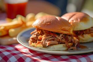 AI generated Smoky Delight Barbecue Pulled Pork on Picnic Perfection photo