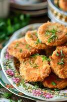 AI generated Southern Delight Fried Green Tomatoes on Vintage Plates photo