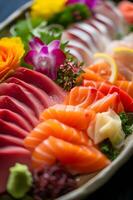 AI generated Japanese Culinary Artistry Folk Background with Sashimi Spotlight photo